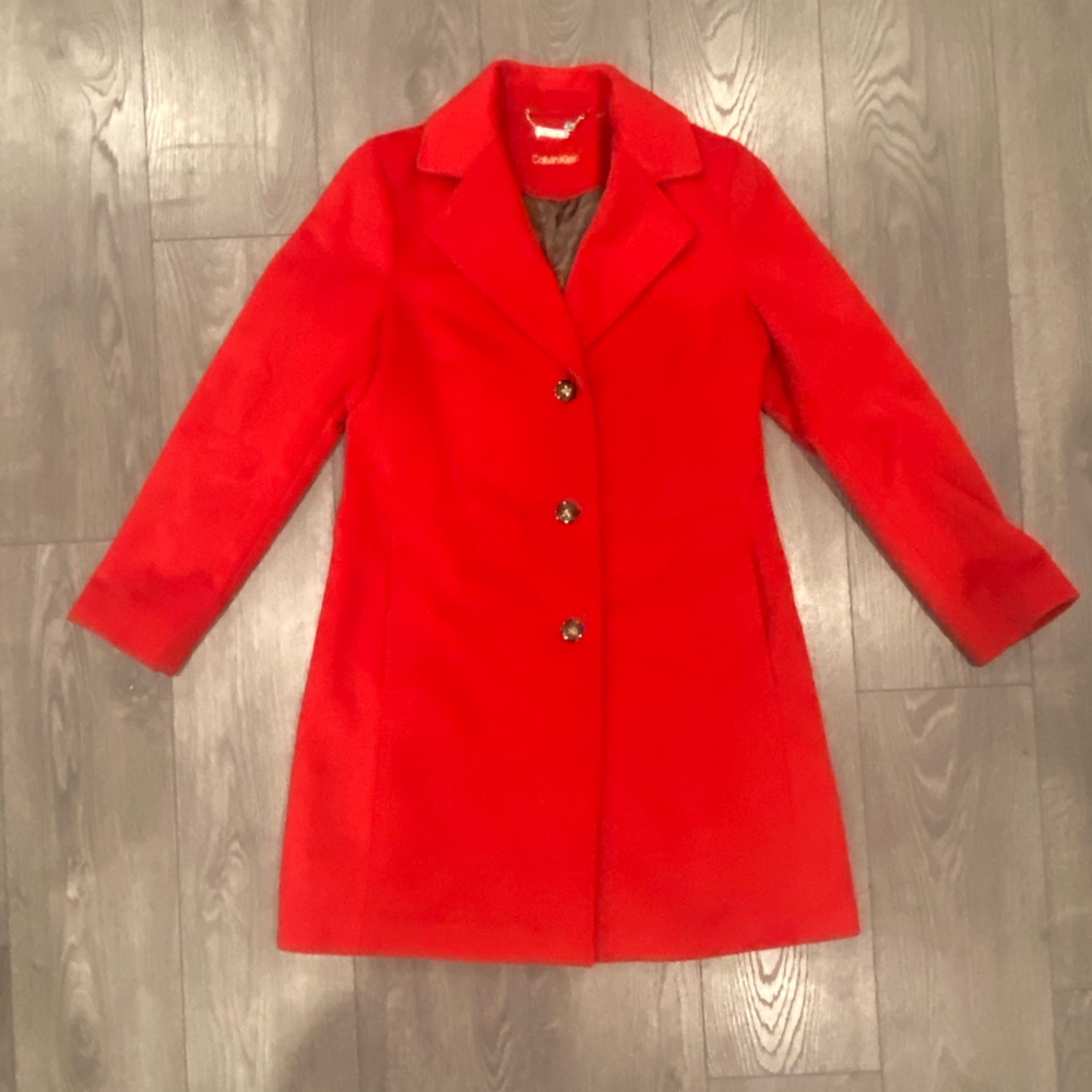 Red Calvin Klein cashmere wool pea coat